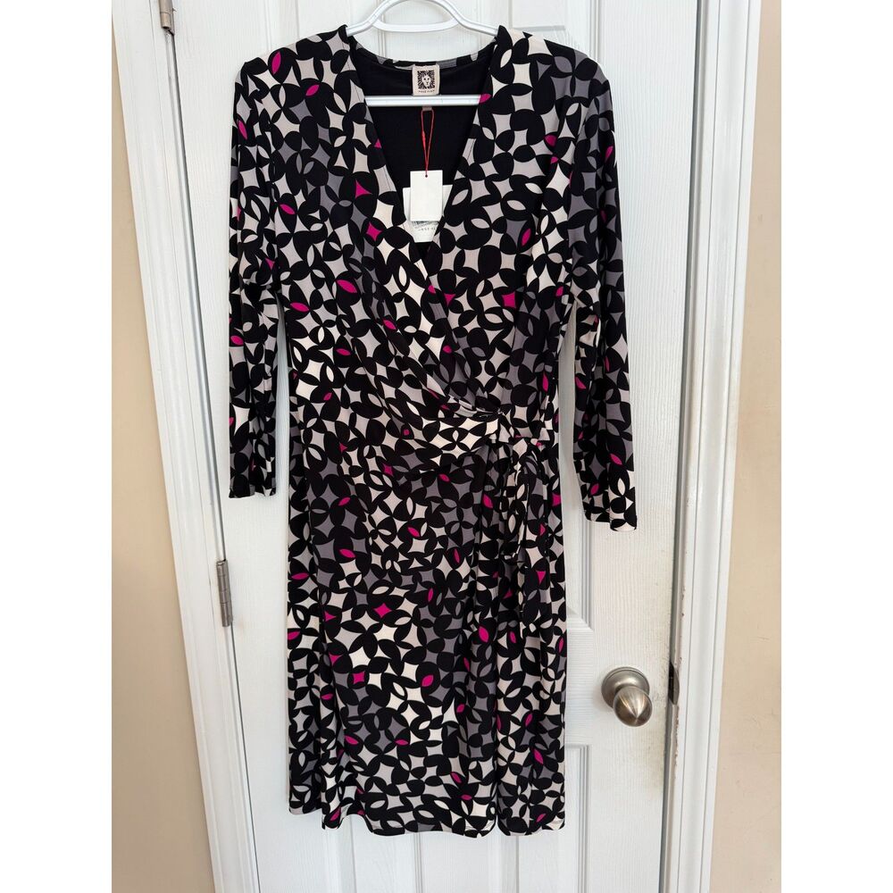 Anne Klein Black Pink Geometric Print Faux Wrap Midi Dress Sz Large Career NWT - Picture 3 of 13
